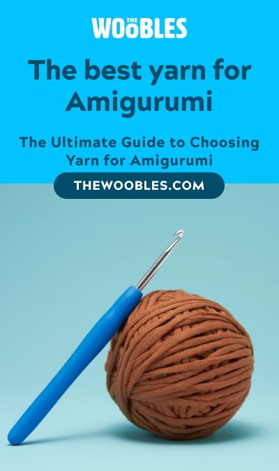 A pinnable image of the Woobles' brown Easy Peasy yarn with a 4mm crochet hook
