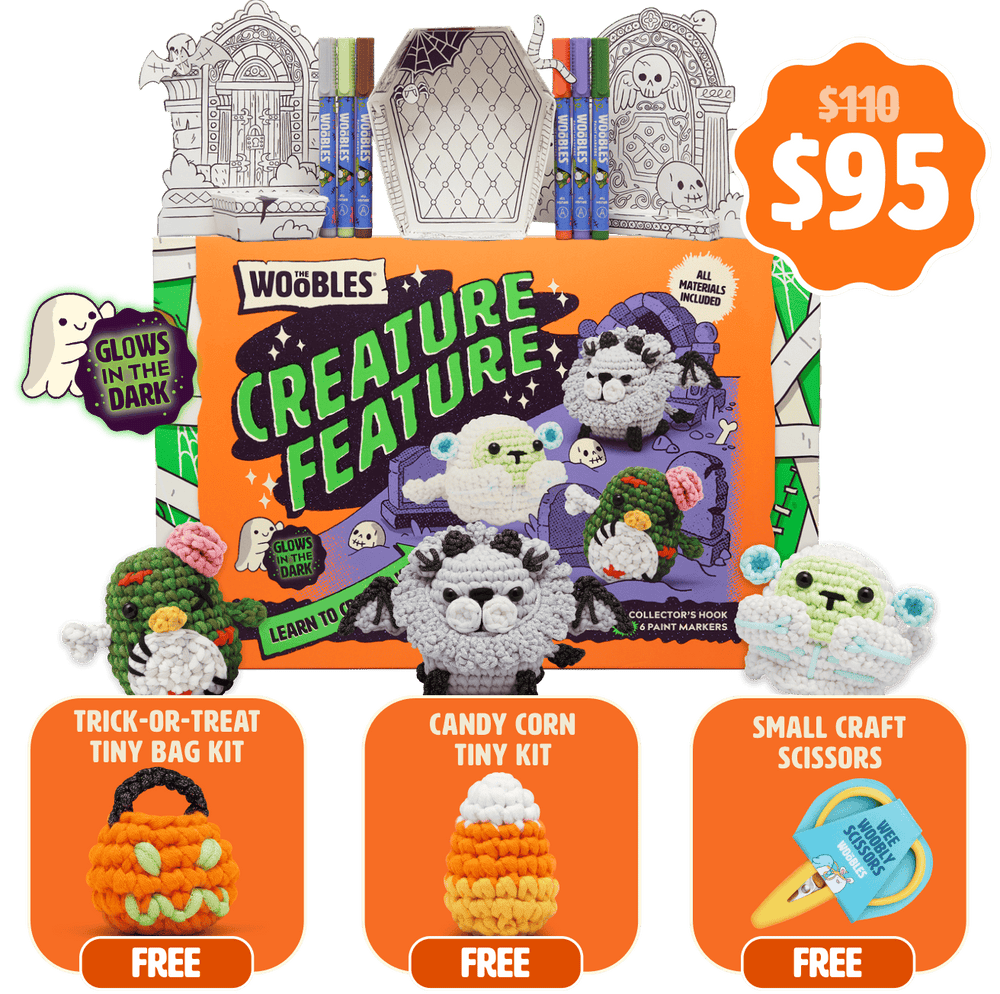 2026 Summerween Crochet Box with three glow-in-the-dark Woobles, coloring displays and paint markers